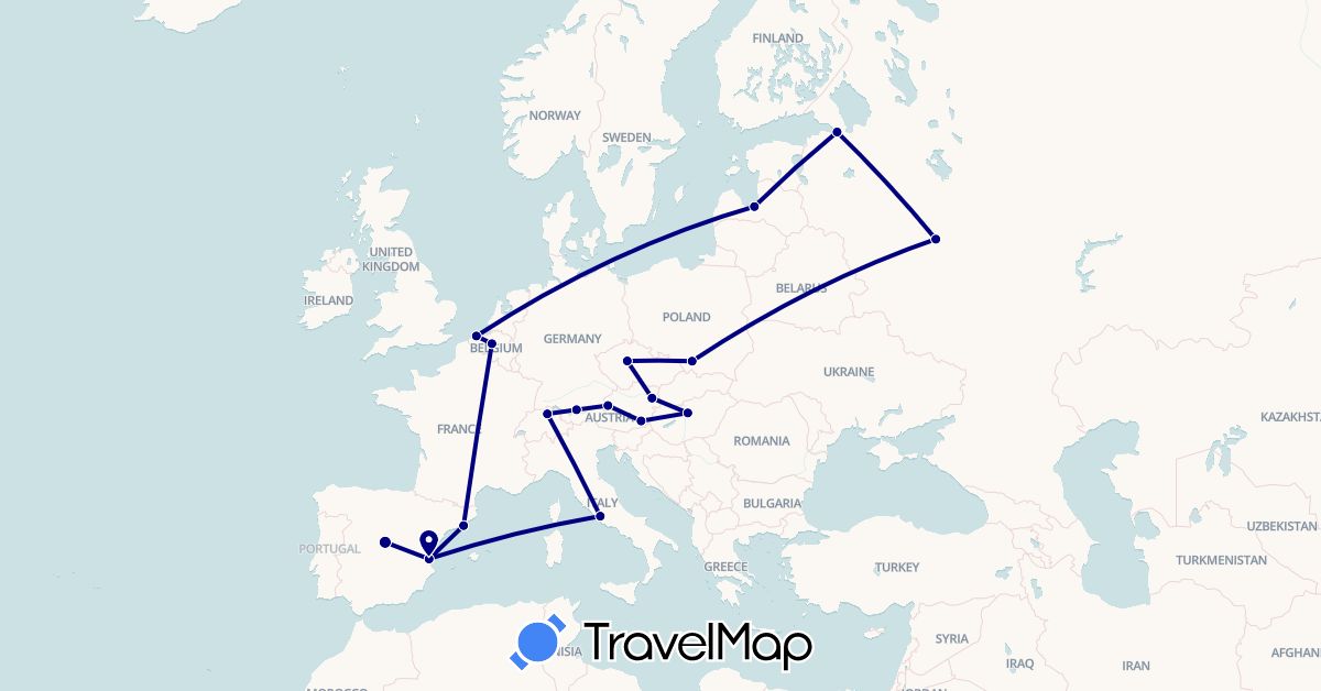 TravelMap itinerary: driving in Austria, Belgium, Switzerland, Czech Republic, Germany, Spain, Hungary, Italy, Latvia, Poland, Russia (Europe)